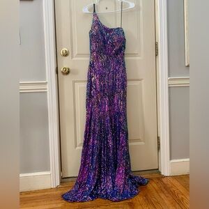 Nightway Sequined One Shoulder Multicolored Formal Long Gown